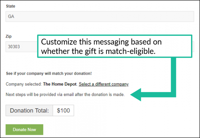 360MatchPro now supports custom messaging beneath the streamlined search field on the donation form.