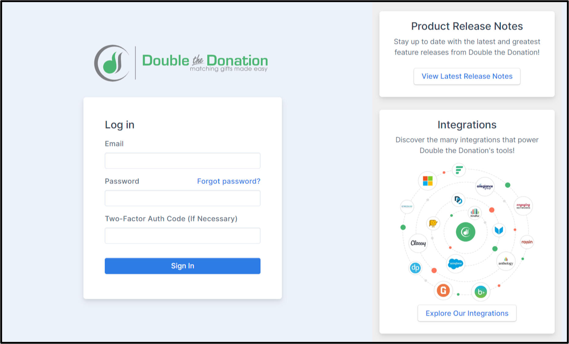The new Double the Donation account login screen is your new hub for quick links to the most exciting updates from our team.