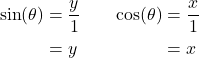 \begin{equation*} \begin{split} \sin(\theta)& = \frac{y}{1} \\ & = y \end{split} \quad \quad \begin{split} \cos(\theta) &= \frac{x}{1} \\ &= x \end{split} \end{equation*}